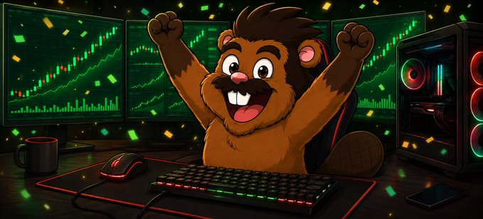 A cartoon illustration of an excited beaver-like character cheering with raised paws at a gaming desk with a backlit keyboard, mouse, and multiple monitors displaying green candlestick charts.