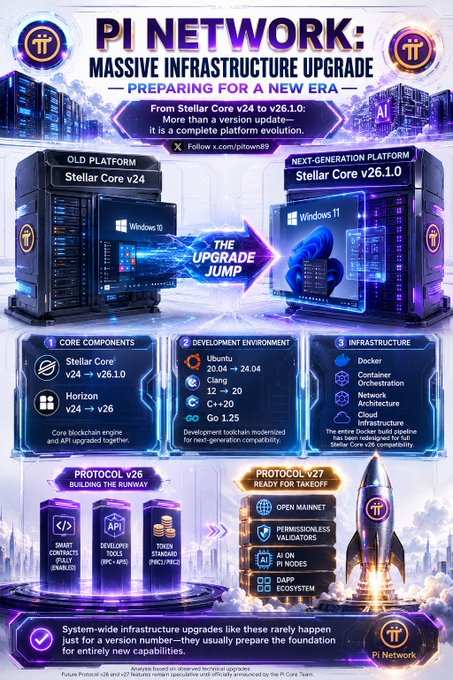This image is an infographic from Pi Network announcing a major infrastructure upgrade, featuring a comparison between the "Old Platform" (Stellar Core v24 with Windows 10) and the "Next-Generation Platform" (Stellar Core v26.1.0 with Windows 11). Key upgrade details include Core Components (Stellar Core v24 → v26.1.0, Horizon v24 → v26), Development Environment updates to Ubuntu 20.04 → 24.04, NodeJS 12 → 20, C++ 20, and Go 1.25, plus Docker-based Infrastructure and Protocols v26 building toward v27 launch with Open Mainnet, permissionless validators, 4 on Pi nodes, and DApp ecosystem. A rocket graphic labeled "v26: Fueling the Rocket" leading to "v27: Ignition & Launch" visually represents the post's message of "Infrastructure First, Innovation Next" as Pi transitions to the next generation.