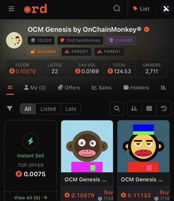 Mobile app screenshot of the 'ord' Ordinals marketplace displaying 'OCM Genesis by OnChainMonkey®' with a floor price of 0.10579 BTC and NFT collection listings below.