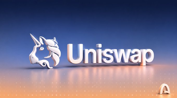 A 3D-rendered graphic featuring the 'Uniswap' name in white text alongside the platform's unicorn logo, set against a gradient blue-to-orange background.