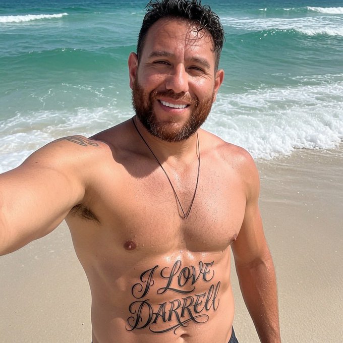 A shirtless, smiling bearded man taking a selfie on a beach with turquoise water behind him, displaying a large tattoo on his abdomen that reads "I Love Darrell".