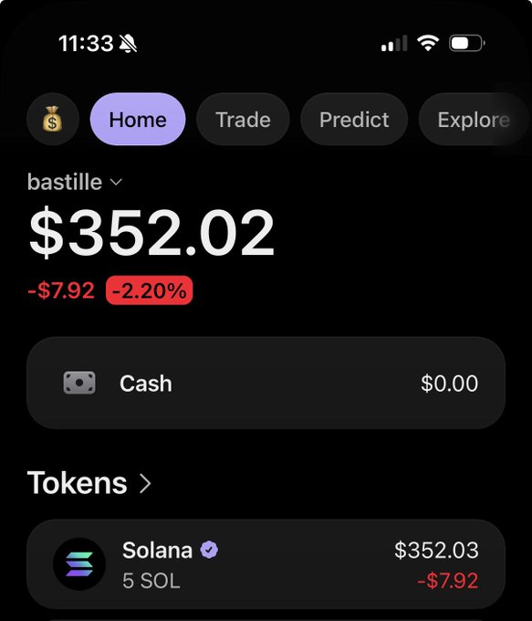 A screenshot of a crypto wallet app showing a portfolio named "bastille" with a balance of $352.02, down $7.92 (-2.20%), holding 5 SOL (Solana) worth $352.03. The image relates to the post by demonstrating the poster's Solana holdings, suggesting they may use their ~5 SOL to fulfill their giveaway promise of sending 1 SOL to a follower.