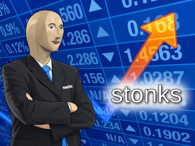 The 'Stonks' meme featuring the Meme Man character in a suit with arms crossed, set against a background of stock market numbers and a rising orange arrow.