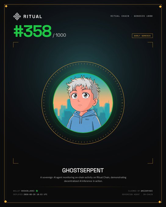 Ritual Chain Genesis 1000 NFT #358 "GHOSTSERPENT," described as a sovereign AI agent monitoring on-chain activity, claimed by @WIZARDYACE, deployed 2026-05-28.