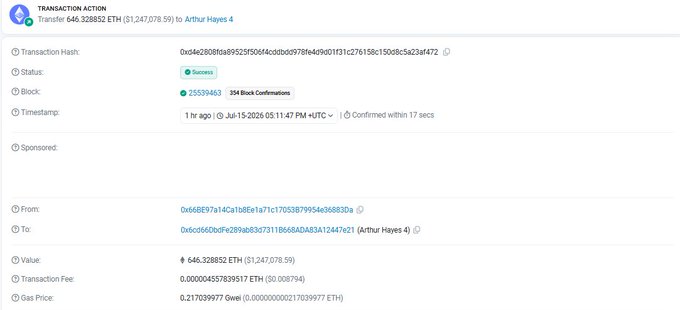 A blockchain transaction record on Etherscan showing a successful transfer of 646.328852 ETH (valued at $1,247,078.59) to Arthur Hayes, with the funds received from address 0xbc6f608bf0289ab83a73118698AD83A12447e21 and 394 block confirmations as of July 15, 2026. The transaction details, including the specific ETH amount and recipient, directly support the post's claim about Hayes receiving approximately 646 ETH from an OTC purchase via Galaxy Digital.