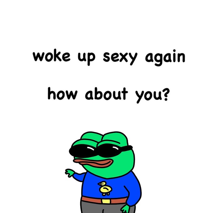 Meme image of a cartoon frog wearing sunglasses and a blue shirt with a duck design, accompanied by the text 'woke up sexy again how about you?'.