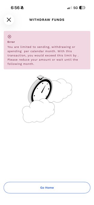 A mobile screenshot of an Airtm "Withdraw Funds" error page stating "You are limited to sending, withdrawing or spending per calendar month. With this transaction, you would exceed this limit by. Please reduce your amount or wait until the following month," illustrating the monthly cap issue referenced in the post about exhausting limits on two Airtm accounts.