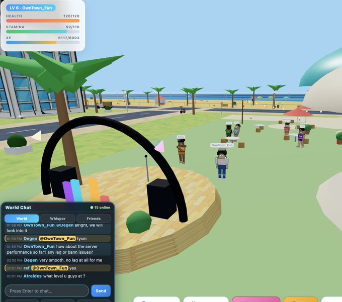 The image shows a video game screen with a group of people standing around an outdoor area, possibly at a park or beach. The players are interacting with each other through chat windows, which can be accessed by clicking on the "World Chat" button in the bottom left corner of the screen. The background features palm trees and a sandy beach, creating a tropical atmosphere for the game.