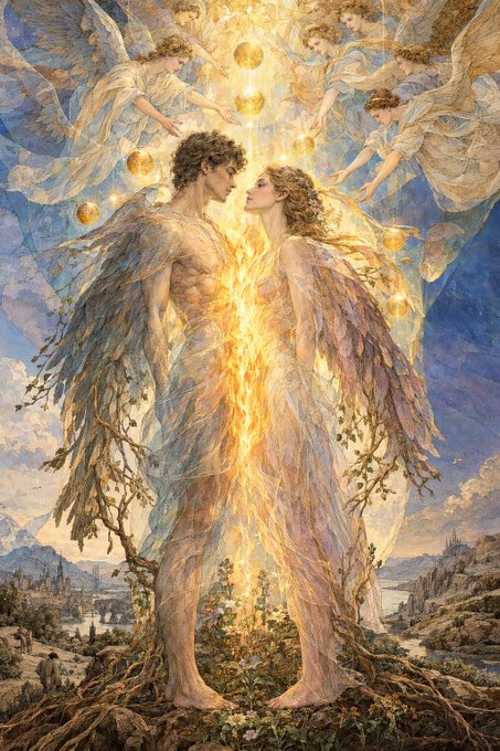 An ethereal painting of two winged figures embracing, connected by a glowing golden light, with cherubs and orbs floating in the sky above a landscape.