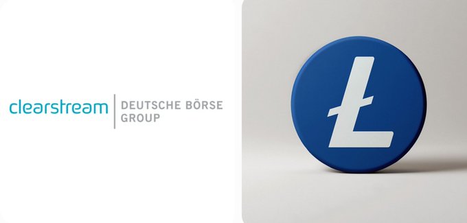 A split image showing the Clearstream (Deutsche Börse Group) logo on the left and a blue Litecoin (Ł) coin on the right.