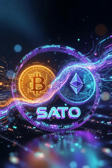 A vibrant digital artwork features an infinity symbol interlinking a glowing orange Bitcoin and a blue Ethereum coin, with "SATO" displayed below—visually representing the poster's long-term commitment to Ethereum (referencing address 0x829f4b62eebe12af653b4dd4ffc480966f7d7f09) while acknowledging Bitcoin's role in their crypto journey.