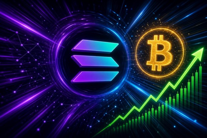 A vibrant crypto graphic featuring the Solana logo, a glowing Bitcoin symbol, and a green rising chart with an upward arrow against a cosmic purple and blue background.