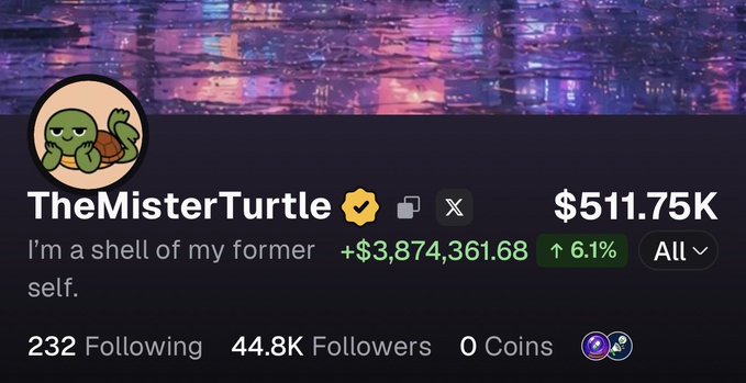 The image shows a social media profile for "TheMisterTurtle" with 44.8K followers, a portfolio value of $511.75K, and a recent gain of +$3,874,361.68 (6.1%). The profile avatar features a cartoon turtle, fitting with the username's turtle theme, and the bio reads "I'm a shell of my former self"—a pun aligning with the accompanying post promoting PumpFun as a valuable situational awareness tool that traders shouldn't overlook.