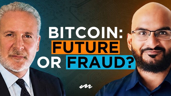 The image is a thumbnail for a video titled "BITCOIN: FUTURE OR FRAUD?" featuring headshots of Peter Schiff (left) and Rajat Soni (right) set against a green circuit board background. The accompanying post indicates this is a debate-format video where Schiff argues against Bitcoin while Soni defends it.