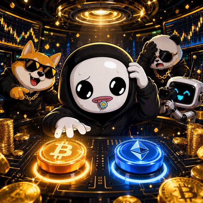 The image features a cartoon character wearing a hoodie, surrounded by other cartoon characters such as a panda bear and a robot. They are all gathered around a table with two Bitcoin coins displayed on them - one gold coin and one blue coin. The cartoon characters appear to be engaged in a discussion or negotiation related to the Bitcoins.