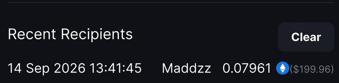 The image shows a "Recent Recipients" notification displaying a transaction of 0.07961 ETH (~$199.96) sent to "Maddzz" on 14 Sep 2026 at 13:41:45, confirming the $200 payment mentioned in the post to @itsmemadz03 with a "Clear" option to dismiss the record.