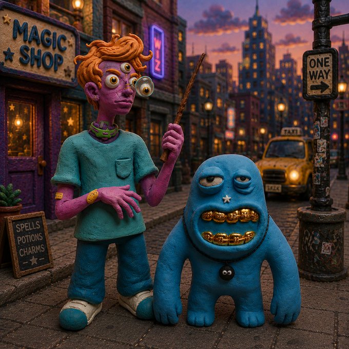 A stop-motion-style claymation scene on a city street at dusk showing a purple-skinned boy with three eyes holding a wand next to a blue blob creature with gold teeth, outside a 'MAGIC SHOP' advertising 'SPELLS POTIONS CHARMS.'