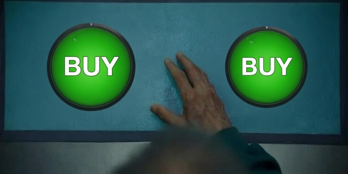 An illustration of a hand reaching toward two green buttons both labeled 'BUY,' set against a teal background, representing consumer choice or impulse purchasing.