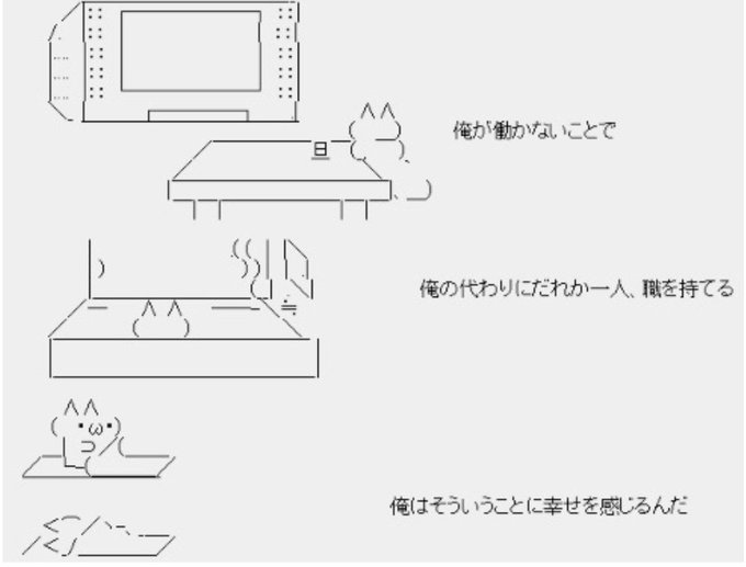A three-panel Japanese comic strip featuring a small character relaxing under a kotatsu (heated table), depicting the joy of having someone else do the work and lounging in warmth.