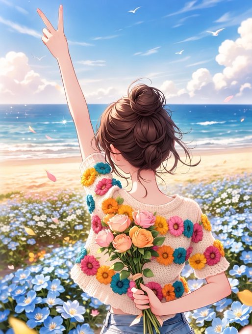 The image features a woman with long brown hair wearing a sweater adorned with colorful flowers. She has her arms raised high above her head, as if she's celebrating or expressing joy. The background of the image shows a beach scene with the ocean and birds flying in the sky. There is also a post on social media that reads "Good Afternoon While most people spend the afternoon scrolling, builders are busy shaping the future. @QuipNetwork is laying the foundation for a decentralized, quantum-ready infrastructure where security and scalability can grow together". The woman's outfit with flowers adds to the overall cheerful atmosphere of the image.