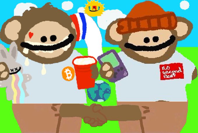 A colorful digital drawing of two cartoon monkeys, one with a Bitcoin cup and a red-white-blue cap, the other in an orange beanie labeled 'Rug second Bear', standing before a rainbow and earth.