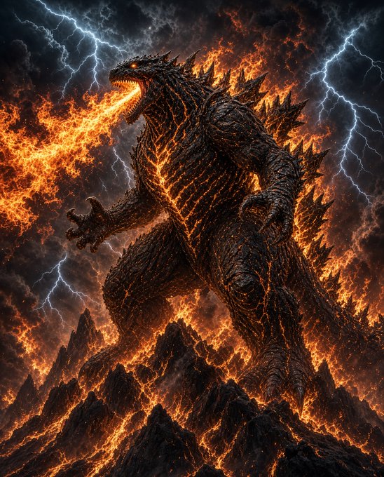 A dramatic digital artwork of Godzilla, a giant reptilian monster, standing amid flames and dark rocky terrain with lightning striking in the background, breathing a stream of orange fire.