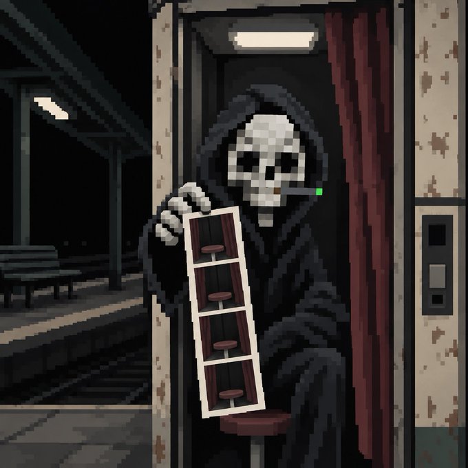 A hooded skeletal grim reaper figure emerges from a dark, weathered doorway in a pixel-art subway station, holding out a strip of four NFT-style ticket images. The eerie artwork reinforces the post's ominous tone, presenting the "snapshot" deadline as a haunting summons for collectors to claim their NFT mint spot before time runs out.