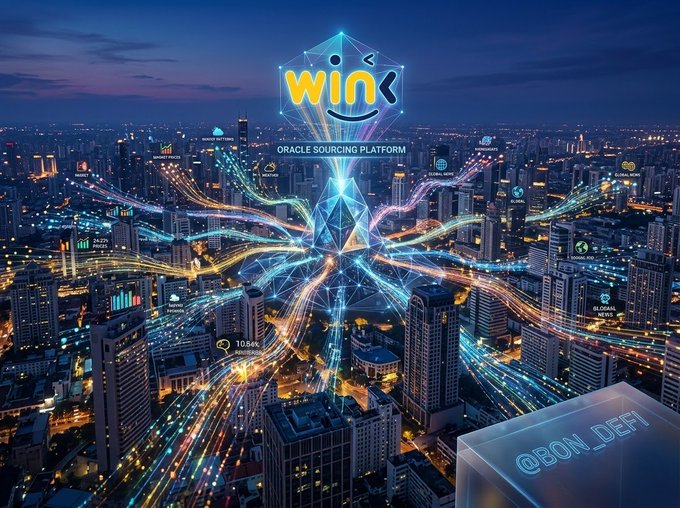 A digital graphic displays the 'WINK ORACLE SOURCING PLATFORM' logo featuring a smiling face above a cityscape at night, with glowing paths connecting to various crypto icons and a cube labeled '@BON_DEFI'.