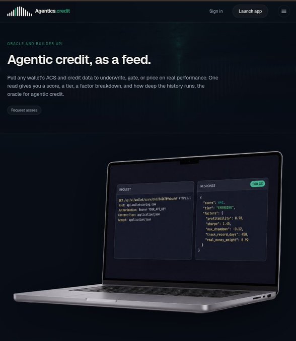 A webpage for 'Agentics credit' showing the tagline 'Agentic credit, as a feed' and a laptop displaying an API request and JSON response.