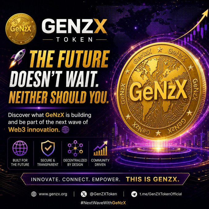 Promotional poster for GeNzX Token cryptocurrency, featuring a golden coin with the tagline 'THE FUTURE DOESN'T WAIT. NEITHER SHOULD YOU.' and highlights like 'Built for the Future' and 'Decentralized by Design'.