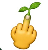 An emoji-style graphic of a yellow hand with the middle finger extended, featuring a small green sprout growing from the tip.