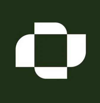 A minimalist logo featuring four white curved rectangles forming a pinwheel or flower shape on a dark green background.