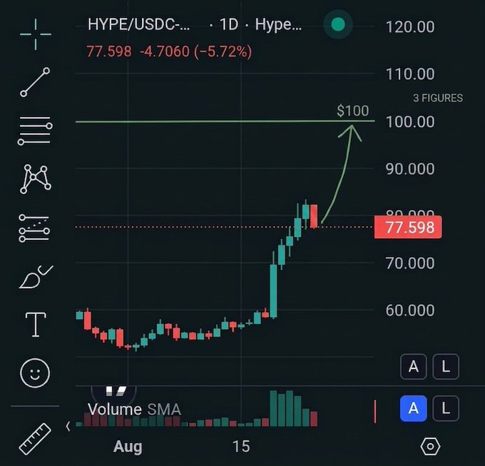 A trading chart for HYPE/USDC on a 1-day timeframe showing a price of 77.598, down 5.72%, with a green arrow pointing toward a $100 price target.
