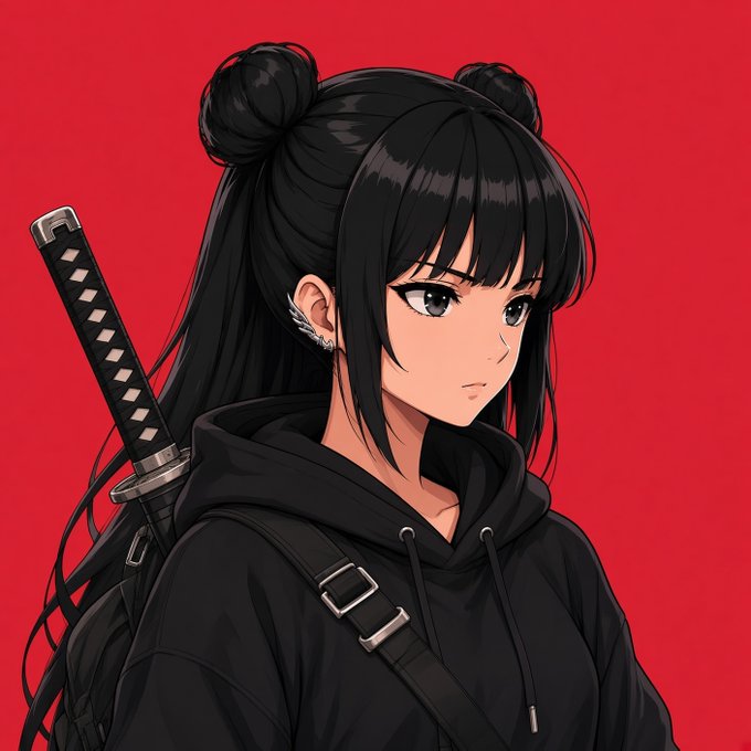 An anime-style illustration of a dark-haired woman with double buns wearing a black hoodie, with a katana sword strapped to her back against a red background.