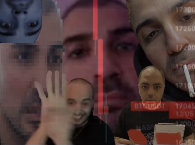 The image shows a composite of a pixelated figure, faces, and a man smoking with overlaid stock or crypto charts displaying numbers like 17300, 17250, and 13045, along with a "BTCUSDT" ticker. The chaotic, intense visuals align with the "$HYPE" theme, suggesting the volatile and overwhelming atmosphere surrounding cryptocurrency trading or meme-driven market excitement.