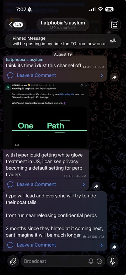 A Telegram channel called 'fiatphobia's asylum' (130 subscribers) showing posts about Hyperliquid perps, NEAR Protocol confidential perps, and privacy becoming a default for perp traders.