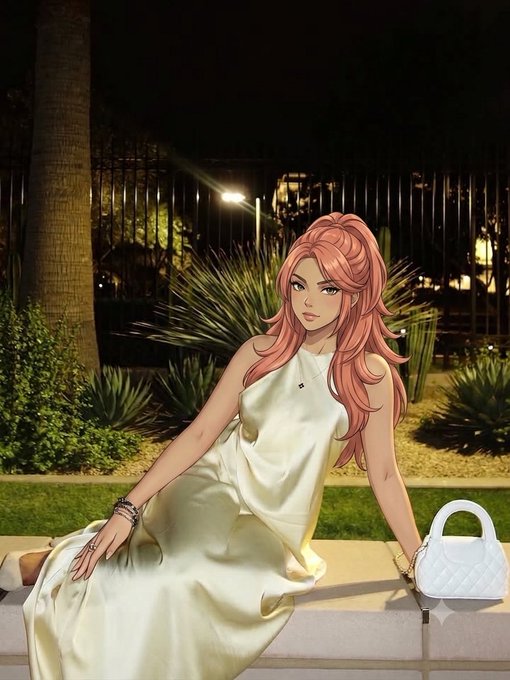 An anime-style illustration of a woman with long pink hair in a cream dress sitting on a ledge at night with a white quilted handbag beside her.