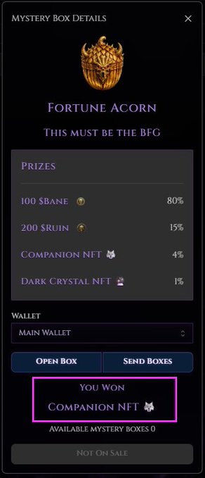 The image shows a phone screen displaying information about a NFT, specifically a fortune acorn. The phone screen has a purple background with white text that reads "Won this @Underworld_NFTs Companion today on @Necovatters Raffles. Hold your NFTs. Earn rewards. That's the power of soft-staking. $BANE - weekly raffles $RUIN - instant gamble boxes $BONE - unlocks the Mad Box necrovault.com". The post is about a NFT called "Fortune Acorn" and it has been won by someone named @StargazeZone, who has already participated in a raffle.