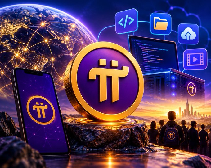 A promotional graphic for Pi Network cryptocurrency featuring the Pi logo coin, smartphones, and servers against a globe backdrop.