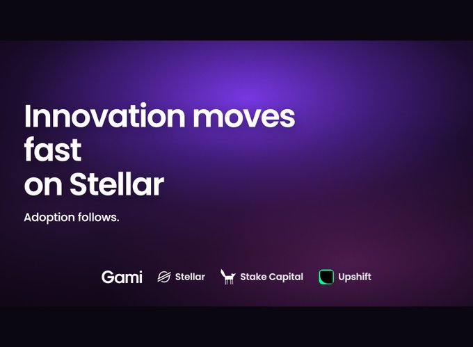 Promotional graphic on a purple gradient background reading 'Innovation moves fast on Stellar' with the tagline 'Adoption follows.' and logos for Gami, Stellar, Stake Capital, and Upshift.