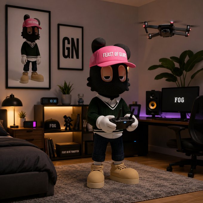 A 3D-rendered cartoon character with a black fuzzy head, pink 'FEAST OF GLORY' cap, and green sweater stands in a modern bedroom holding a drone controller, while a drone hovers nearby.
