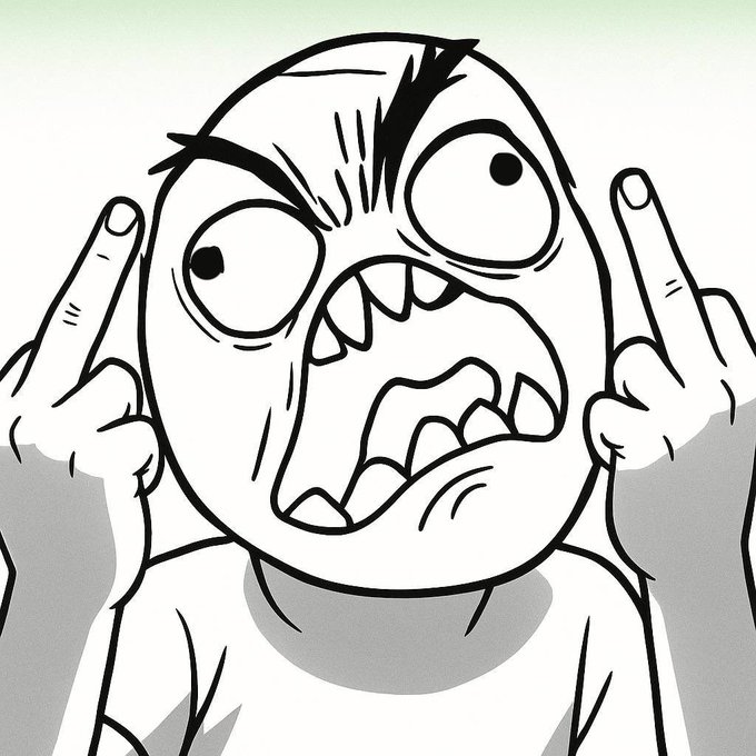 A black-and-white rage comic style drawing shows a character with an exaggerated furious expression, furrowed brows, wide bulging eyes, an open mouth showing jagged teeth, and both hands raised with middle fingers extended.