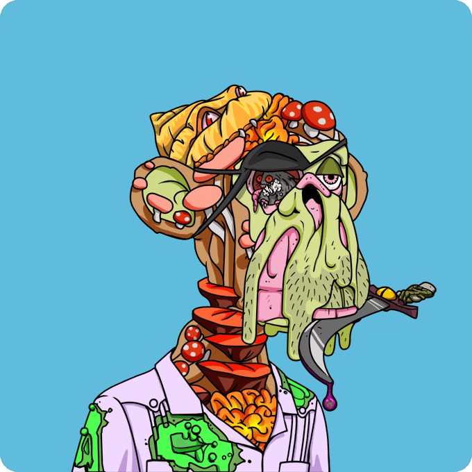 A highly distorted zombie-like character has its head split open to reveal various fast foods including burgers, pizza, and mushrooms, with a gun tucked into its head, wearing a slime-stained lab coat.