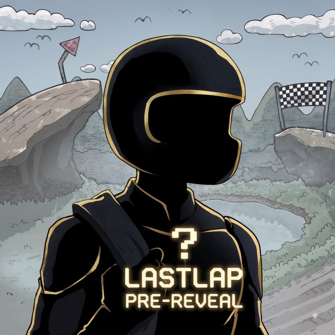 A black silhouette of a helmeted racer with gold trim stands against a mountainous racetrack backdrop, with the text "LASTLAP PRE-REVEAL" and a question mark hovering on its chest, teasing the anonymous figure ahead of an upcoming NFT collection reveal.