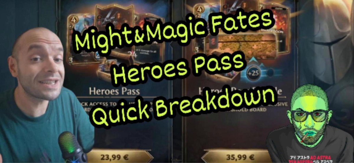 The image shows a man wearing glasses with a green shirt and sunglasses talking into a microphone. The background of the image features two banners, one reading "Might&Magic Fates Heroes Pass" and another saying "Quick Breakdown". The text on these banners is in white, which stands out against the black background. The man's face can be seen clearly as he speaks into the microphone.