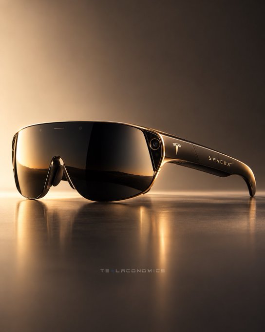A sleek, futuristic pair of smart glasses branded with the SpaceX logo and a Tesla-style "T" emblem sits on a reflective surface in warm golden lighting, visualizing the concept of a Tesla + SpaceX AI eyewear collaboration powered by Grok.