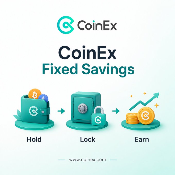 A promotional graphic for CoinEx Fixed Savings displays the brand logo and illustrates three steps: 'Hold' (a wallet with coins), 'Lock' (a safe with a padlock), and 'Earn' (coins with an upward arrow), with the URL www.coinex.com at the bottom.