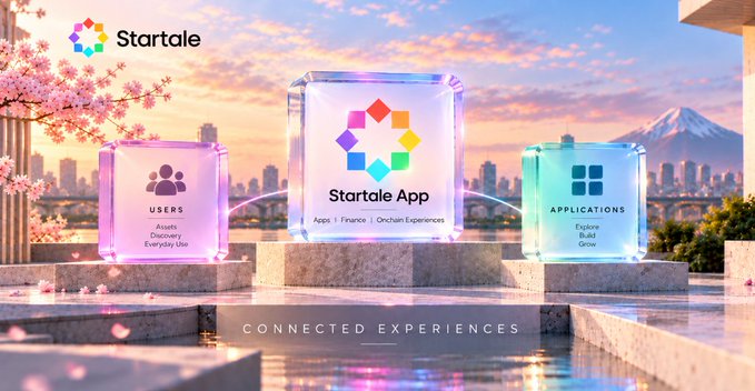 A promotional graphic for 'Startale' featuring three glowing cubes labeled 'USERS', 'Startale App', and 'APPLICATIONS' against a backdrop of cherry blossoms and a city skyline at sunset, with the tagline 'CONNECTED EXPERIENCES'.