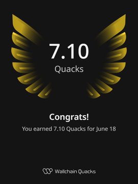 The image features a gold-colored trophy with wings, which has the number 7.10 displayed at the top of the trophy. The trophy is placed against a black background, making its golden color stand out prominently. Below the trophy, there's text that reads "Congratulations! You earned 7.10 Quacks for June 18". This message congratulates the user on their achievement and mentions that they have earned 7.10 Quacks in the given period of time.