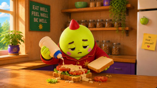 3D animated illustration of a green cartoon character in a kitchen with signs reading 'EAT WELL FEEL WELL BE WELL' and 'be kind to yourself', preparing a messy sandwich.